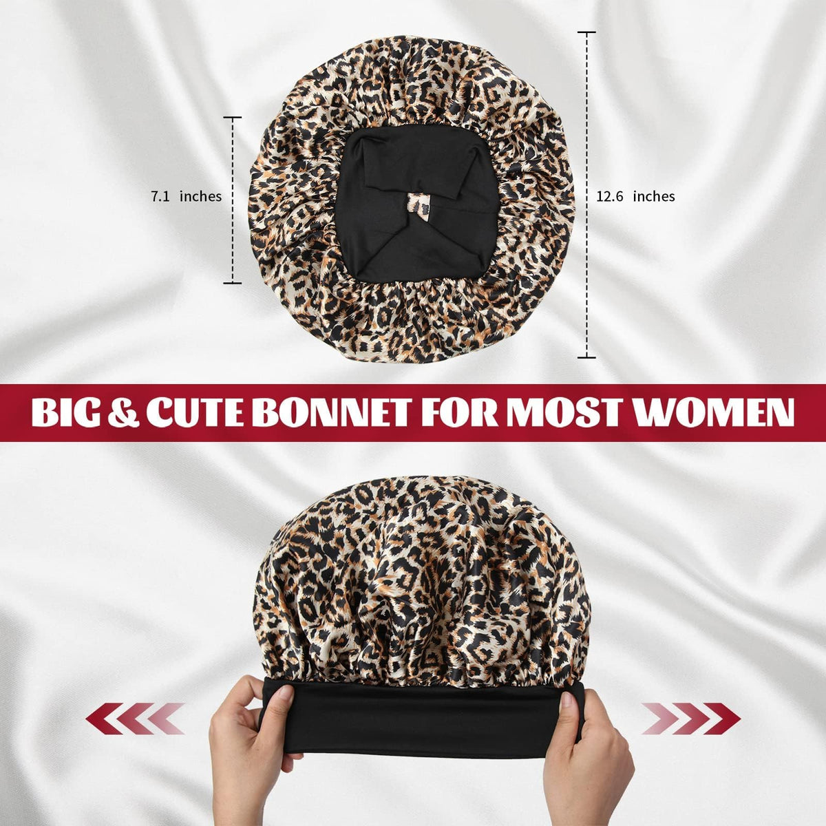 Bonnet satin ZHENSILK noir léopard porté par une femme