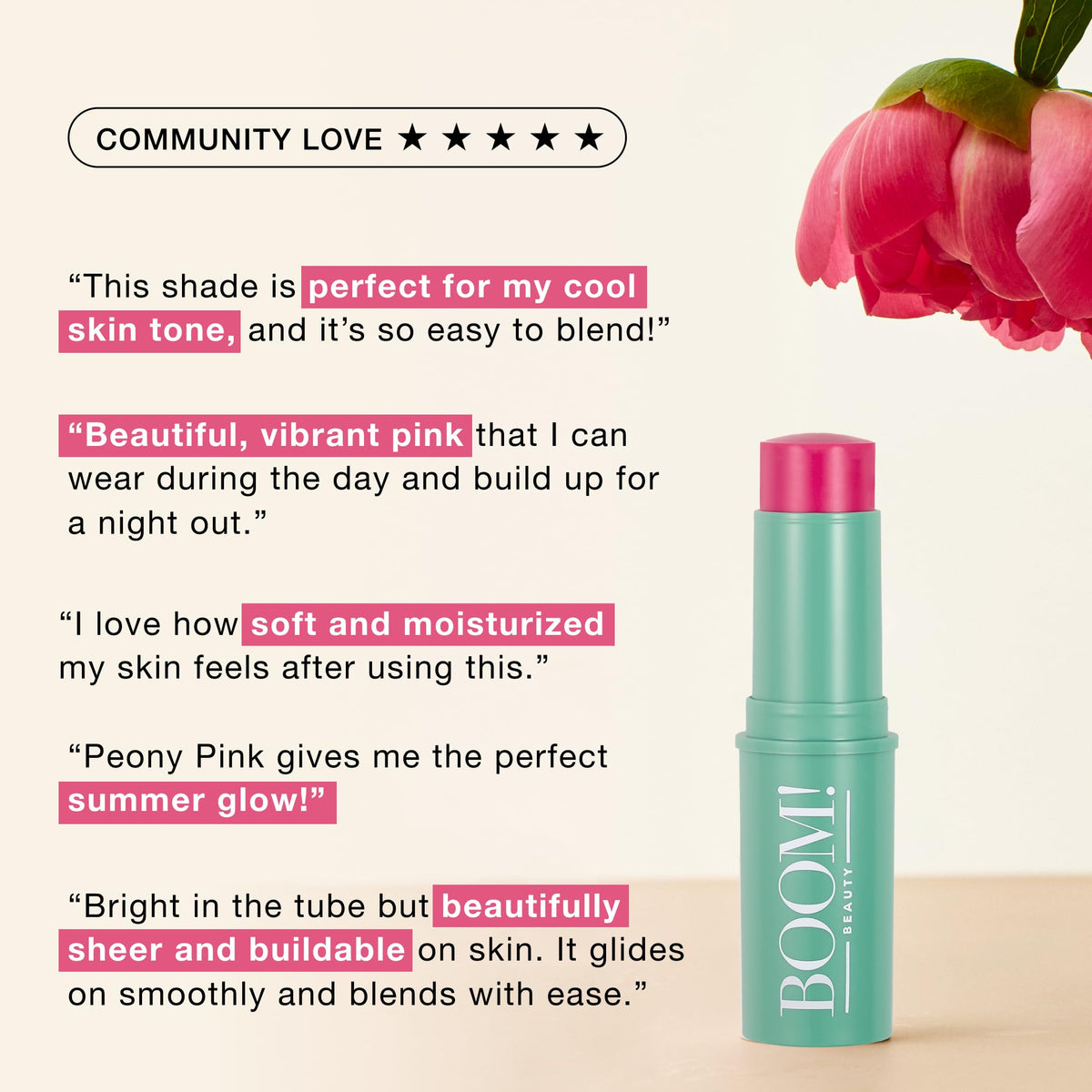 BOOM! Multistick Peony Pink utilisé sur les lèvres