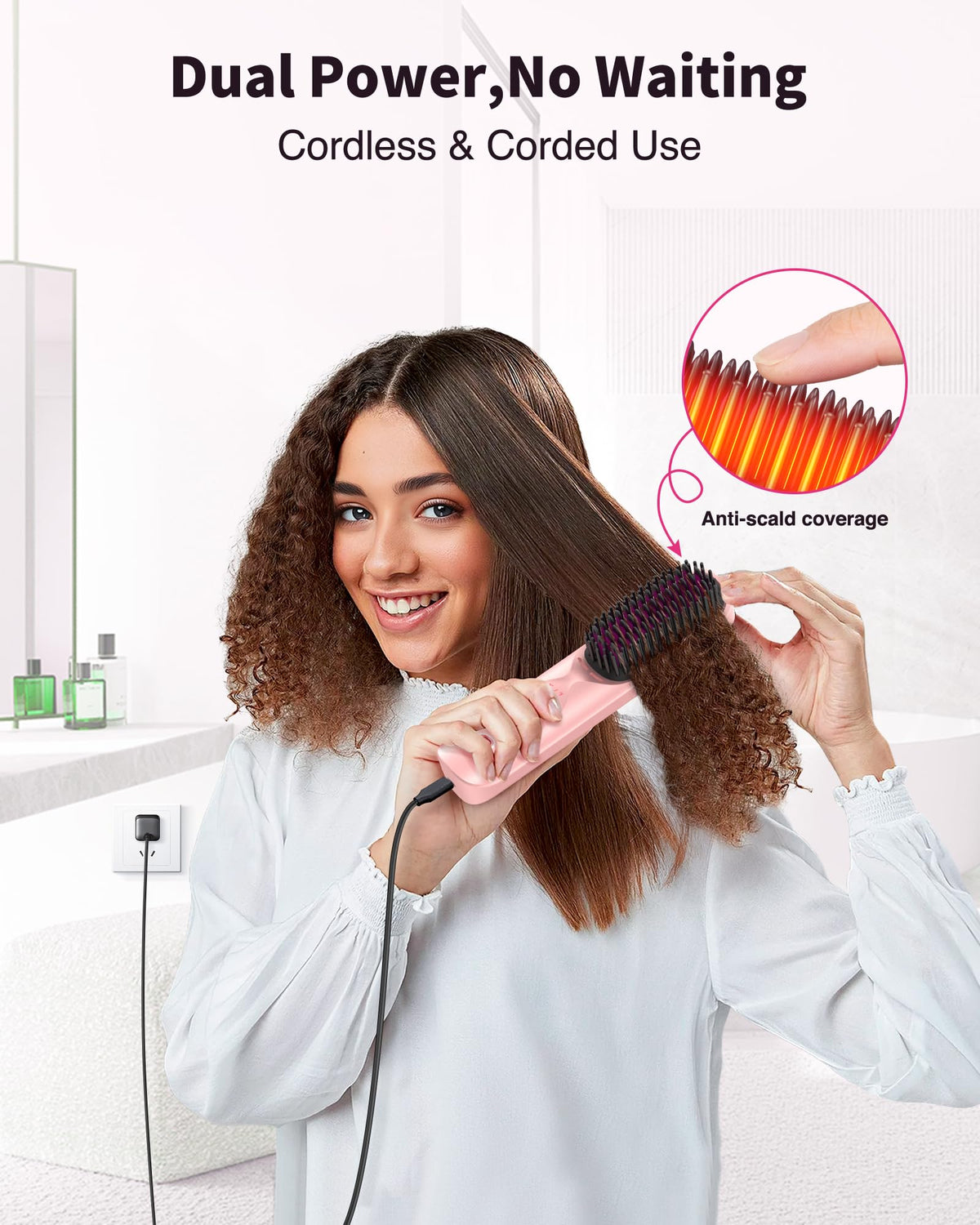 Bopcal Brosse Lissante sans Fil rose poudré sur une table