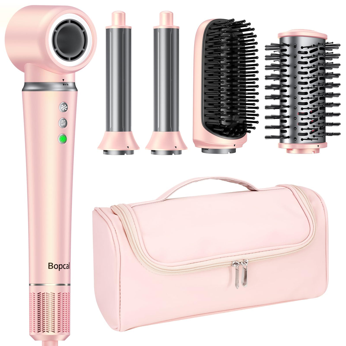 Bopcal Brosse Soufflante 5 en 1 vue avant avec accessoires