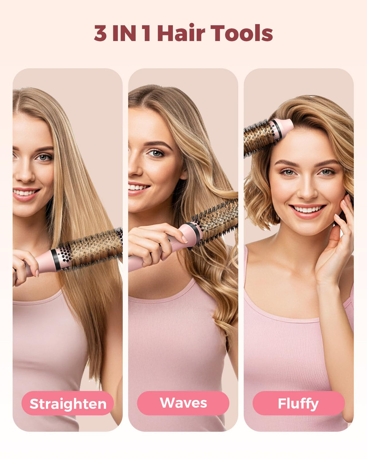 Bopcal brosse thermique 3-en-1 en utilisation sur cheveux longs