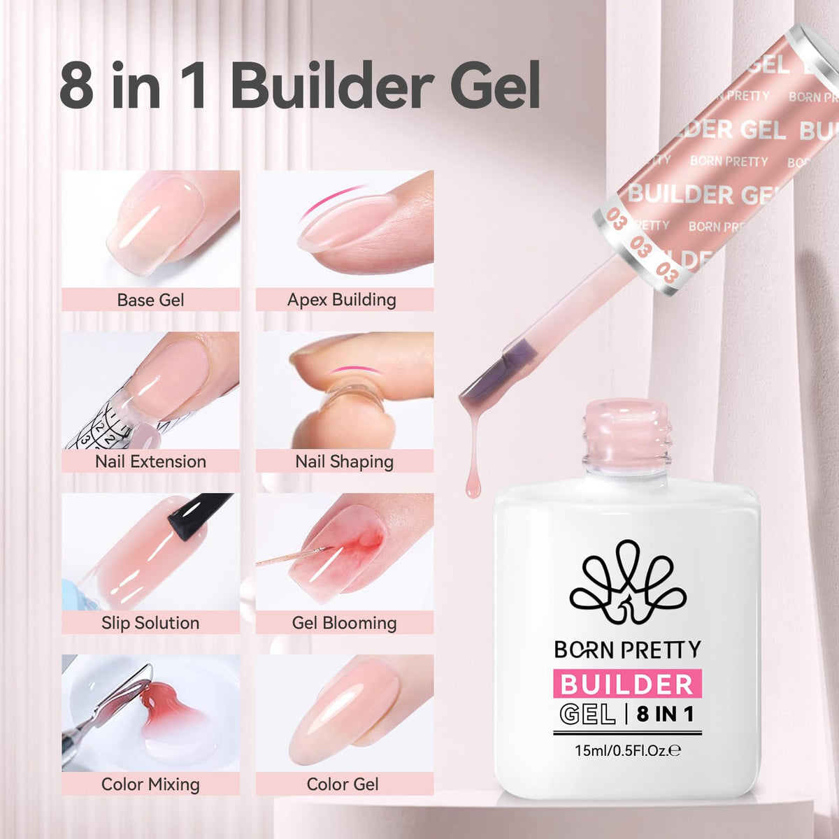Born Pretty gel constructeur rose 15ml application sur ongles