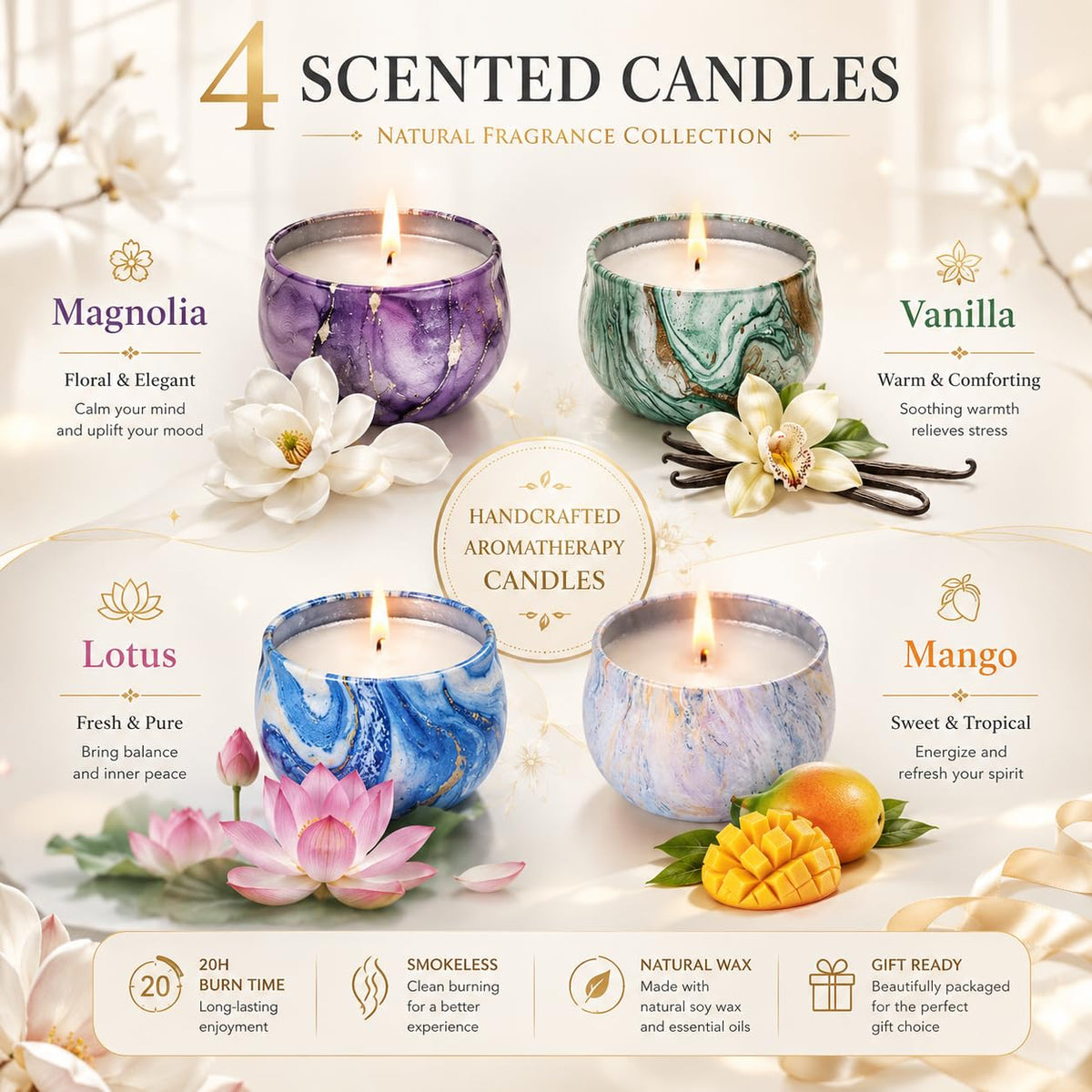 Bougies parfumées: vanille, mangue, magnolia, lotus