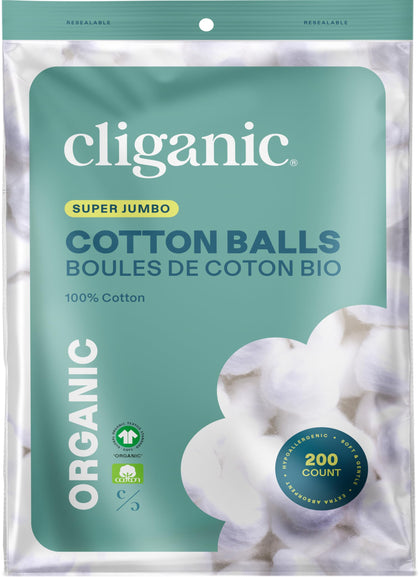 Boules de coton bio Cliganic super jumbo, paquet de 200 pièces
