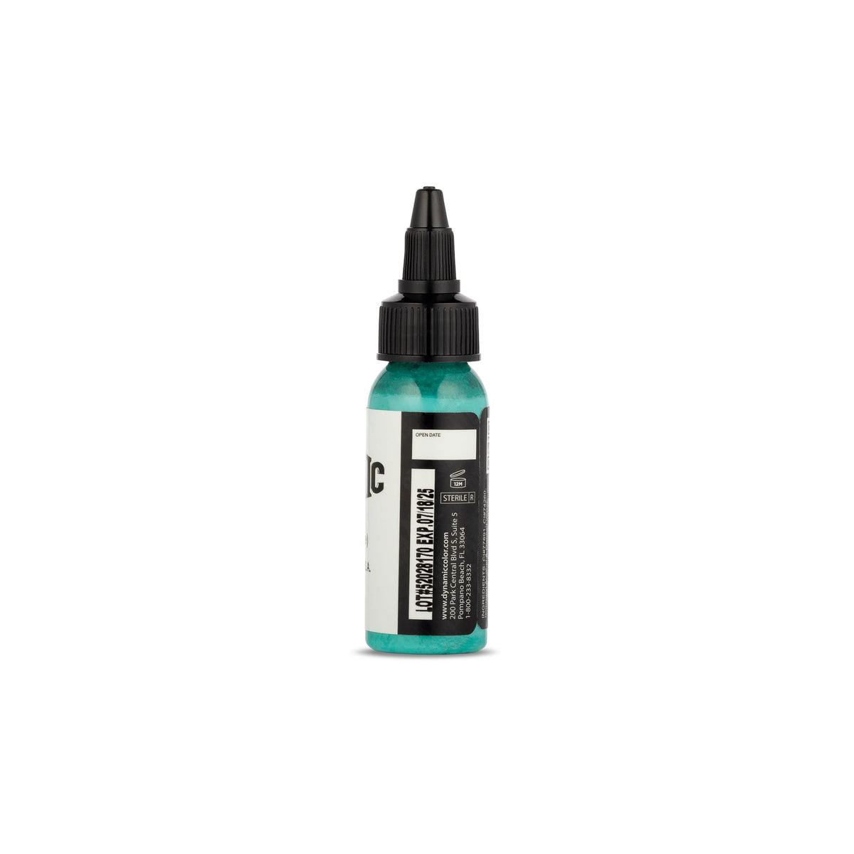 Bouteille d'encre de tatouage turquoise Dynamic Color Co 30ml avec étiquette.