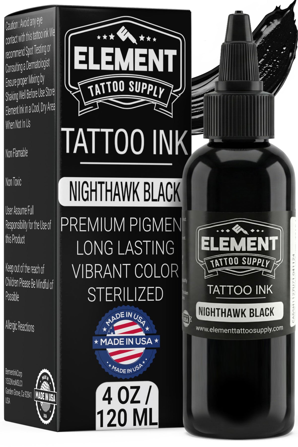 Bouteille d'encre noire Nighthawk 4oz d'Element Tattoo Supply, vue de face