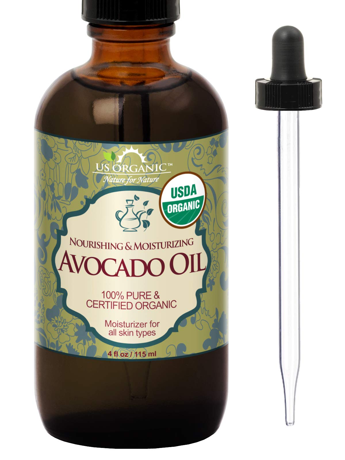 Bouteille d'huile d'avocat US Organic 118 ml avec pipette en verre