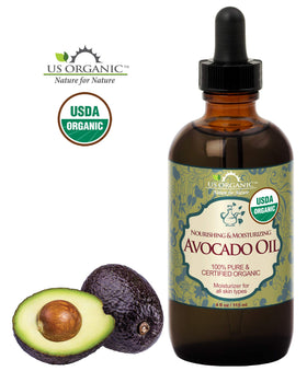 Bouteille d'huile d'avocat US Organic sur fond blanc