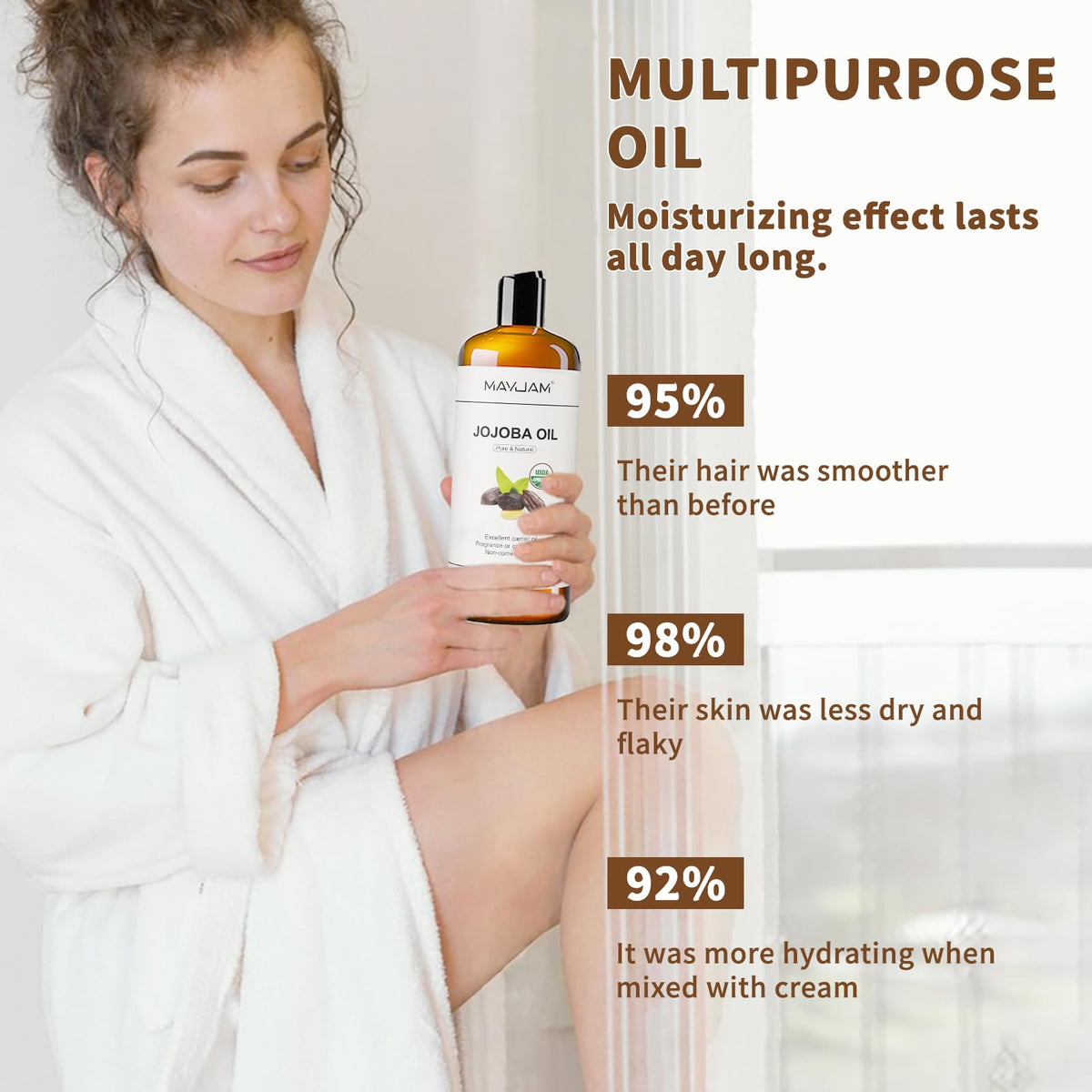 Bouteille d'huile de jojoba MAYJAM avec des graines de jojoba en arrière-plan