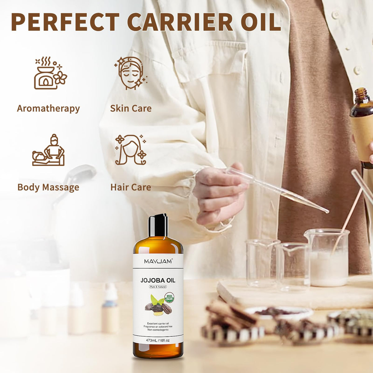 Bouteille d'huile de jojoba MAYJAM avec un fond naturel