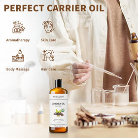 Bouteille d'huile de jojoba MAYJAM avec un fond naturel