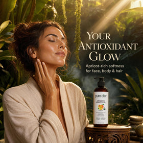 Bouteille d'huile de noyau d'abricot PURA D'OR dans un cadre de beauté