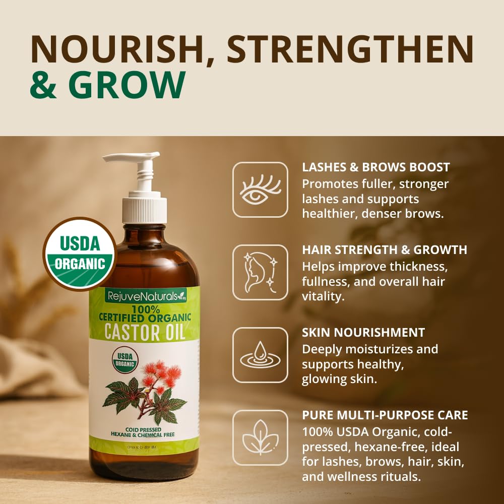 Bouteille d'huile de ricin RejuveNaturals avec étiquette visible