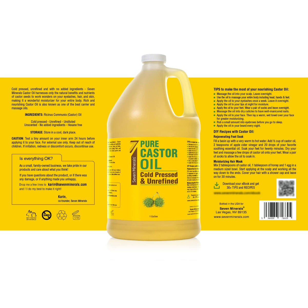 Bouteille d'huile de ricin Seven Minerals sur une table de beauté