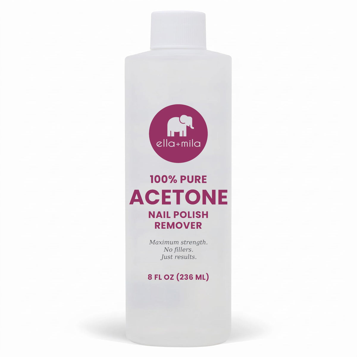 Bouteille de dissolvant d'ongles ella+mila 100% pure acétone 236ml vue de face