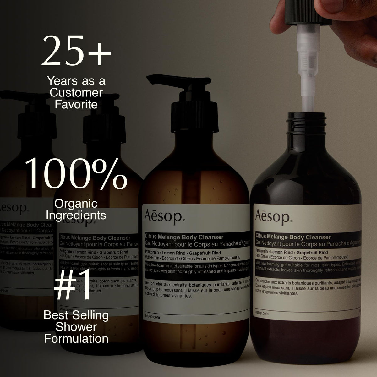 Bouteille de gel douche Aesop Citrus Melange avec étiquettes visibles