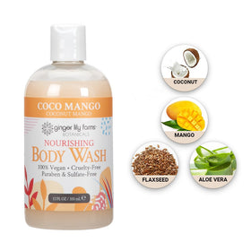 Bouteille de gel douche Coco Mangue dans une salle de bain élégante