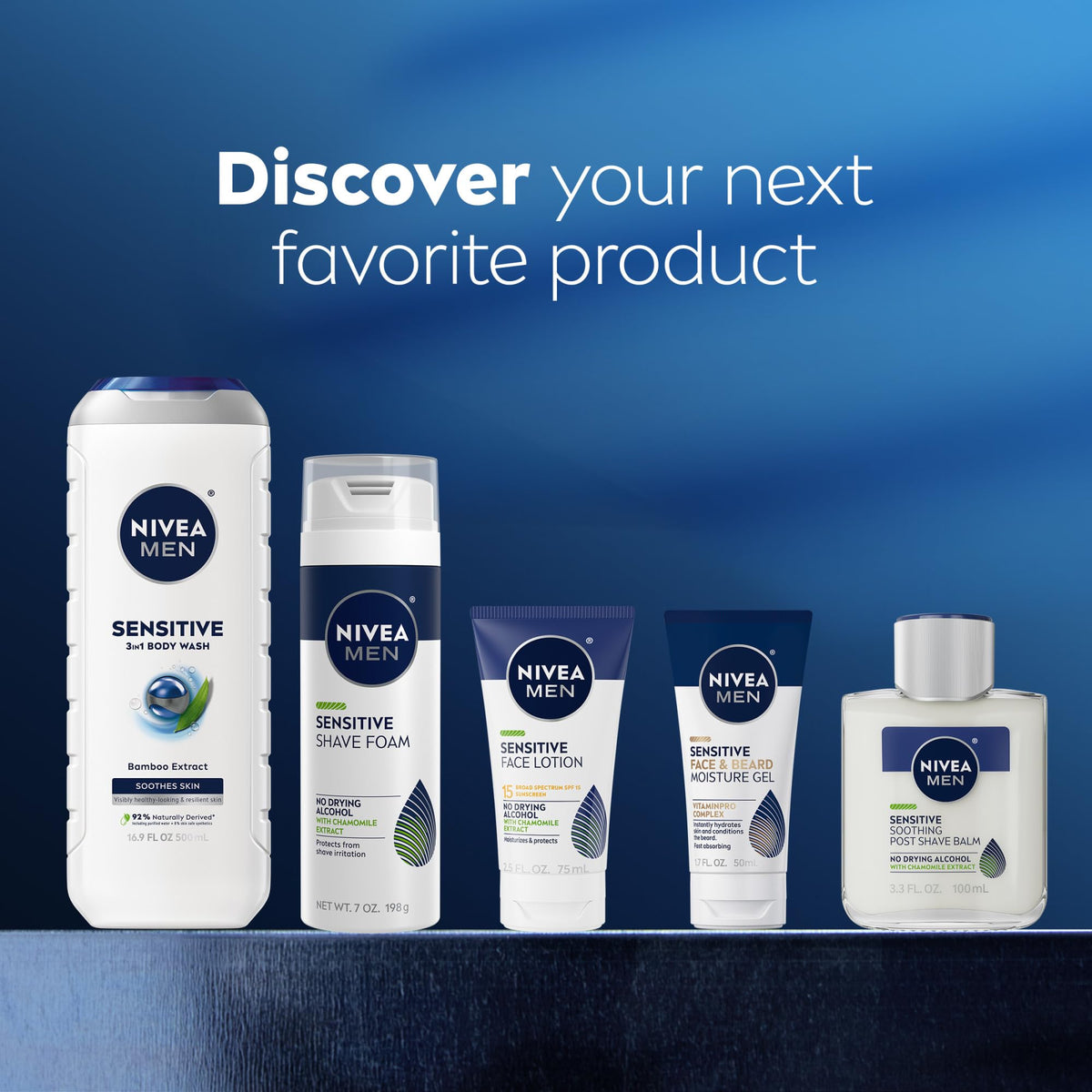 Bouteille de gel douche NIVEA MEN Sensible sur une surface en bois