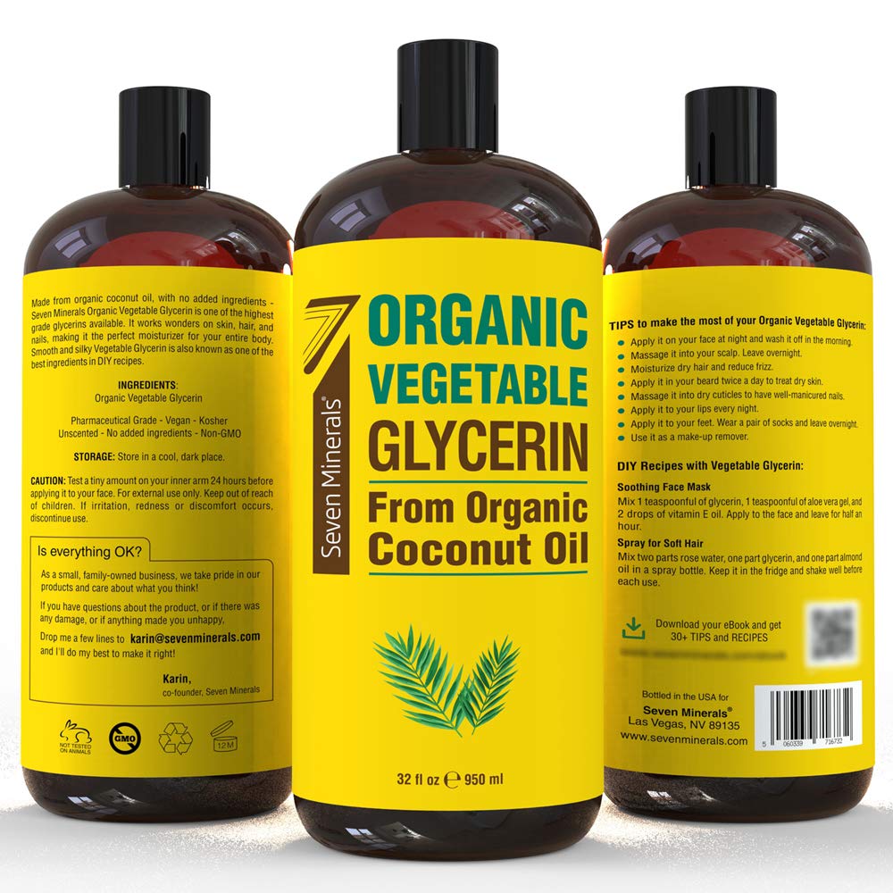 Bouteille de glycérine végétale bio Seven Minerals sur un fond neutre