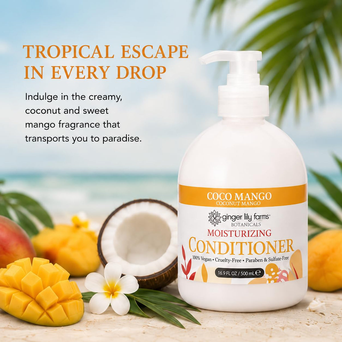 Bouteille de l'après-shampoing Coco Mango Ginger Lily Farms avec ingrédients naturels