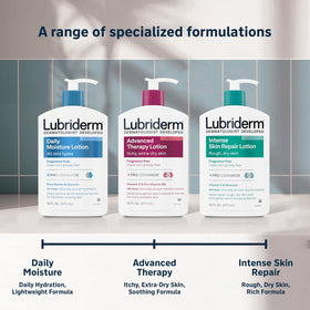Bouteille de lotion Lubriderm sur un fond neutre
