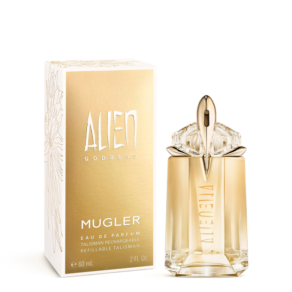 Bouteille de Mugler Alien Goddess sur une table élégante