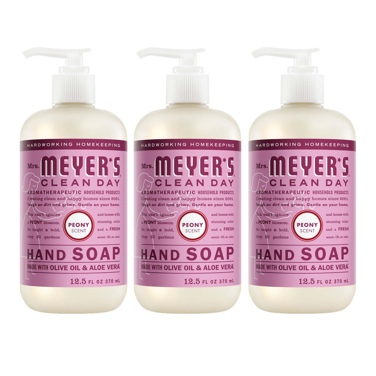 Bouteille de savon liquide pour les mains Mrs. MEYER'S parfum pivoine vue de face