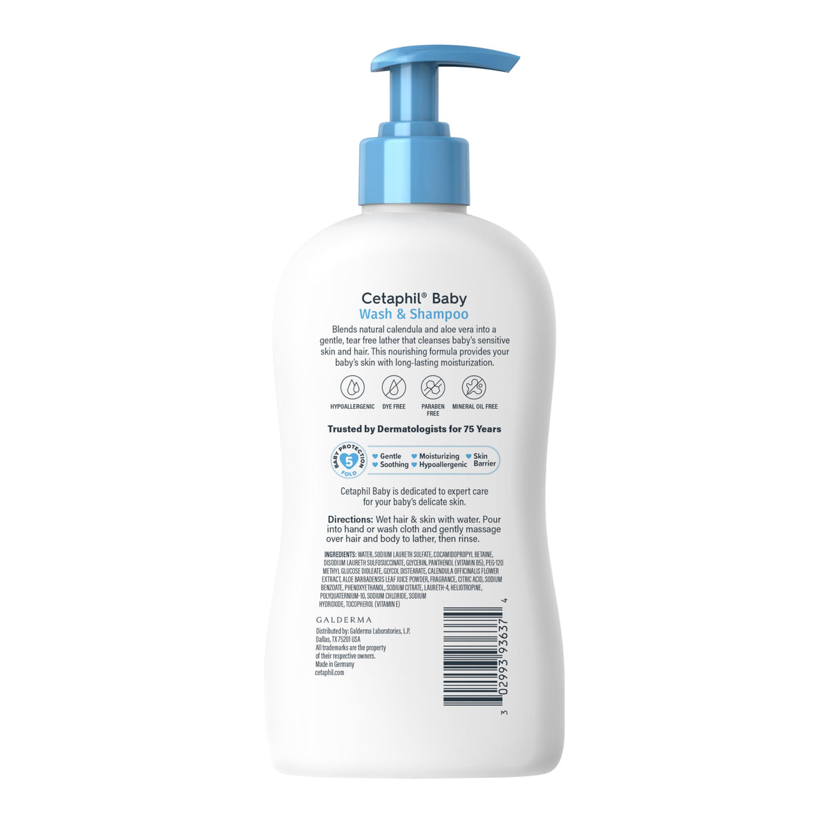 Bouteille de shampooing et gel douche bébé Cetaphil dans un environnement de bain