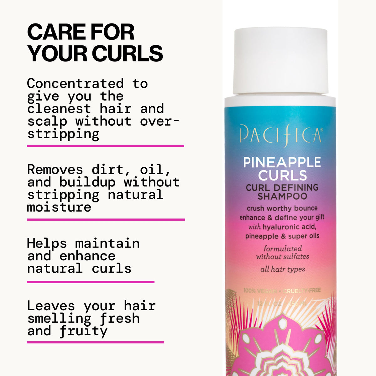 Bouteille de shampooing Pacifica Curls Ananas sur un fond de salle de bain