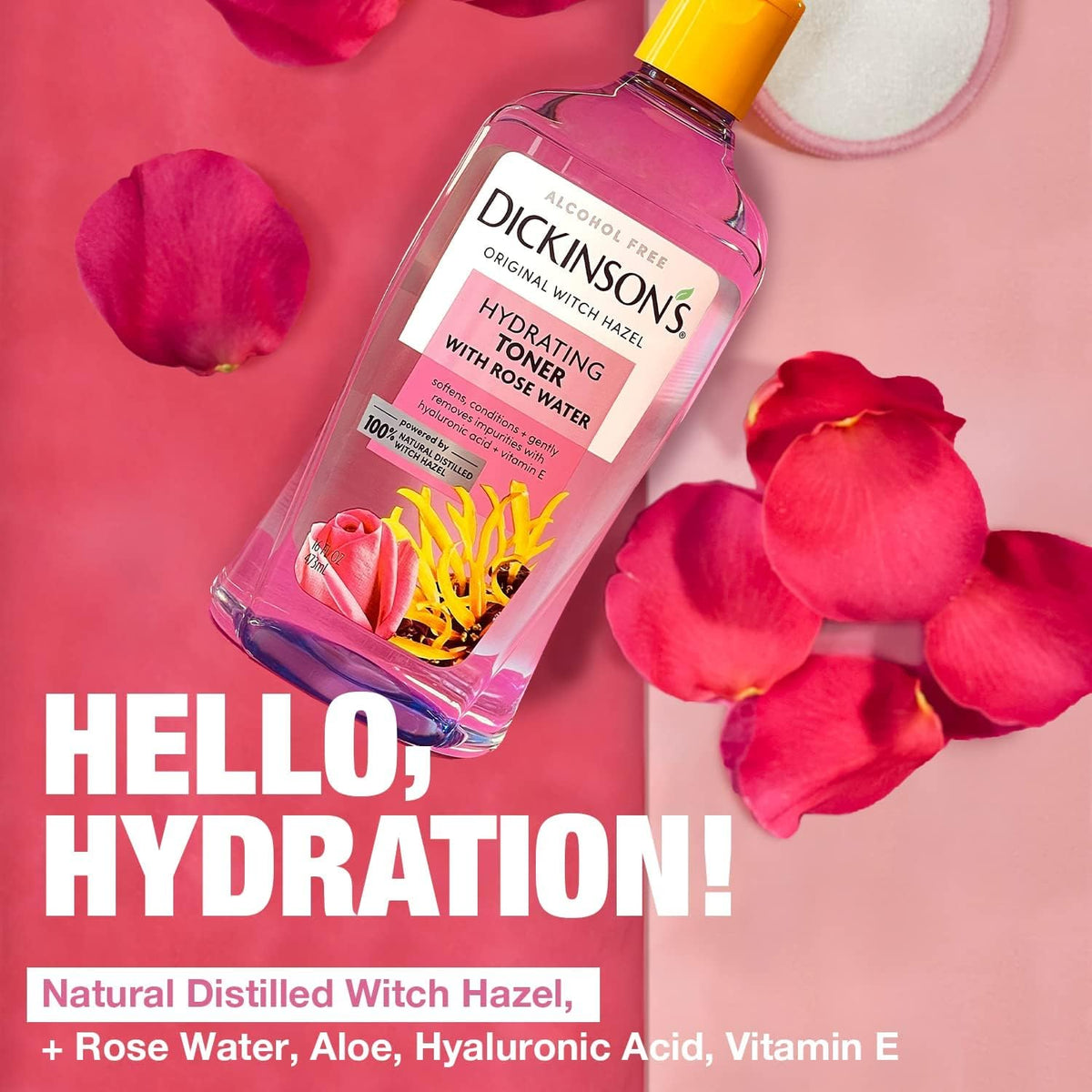 Bouteille de tonique hydratant Dickinson's avec étiquette visible