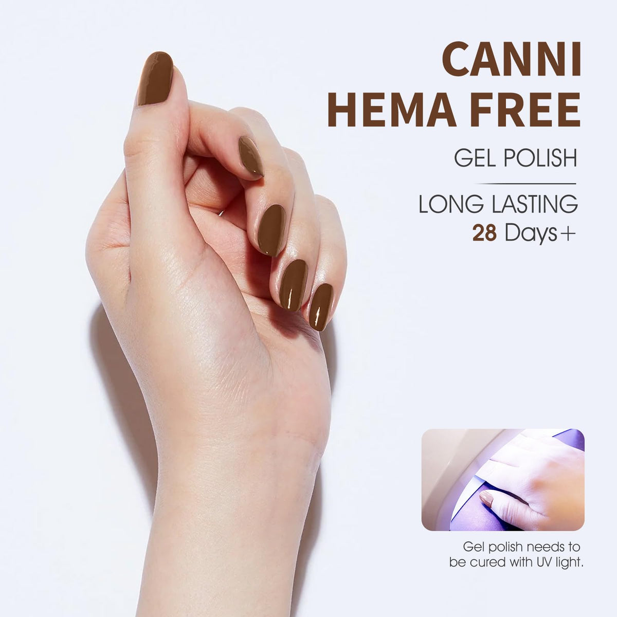 Bouteille de vernis à ongles gel chocolat brun CANNI avec étiquette visible