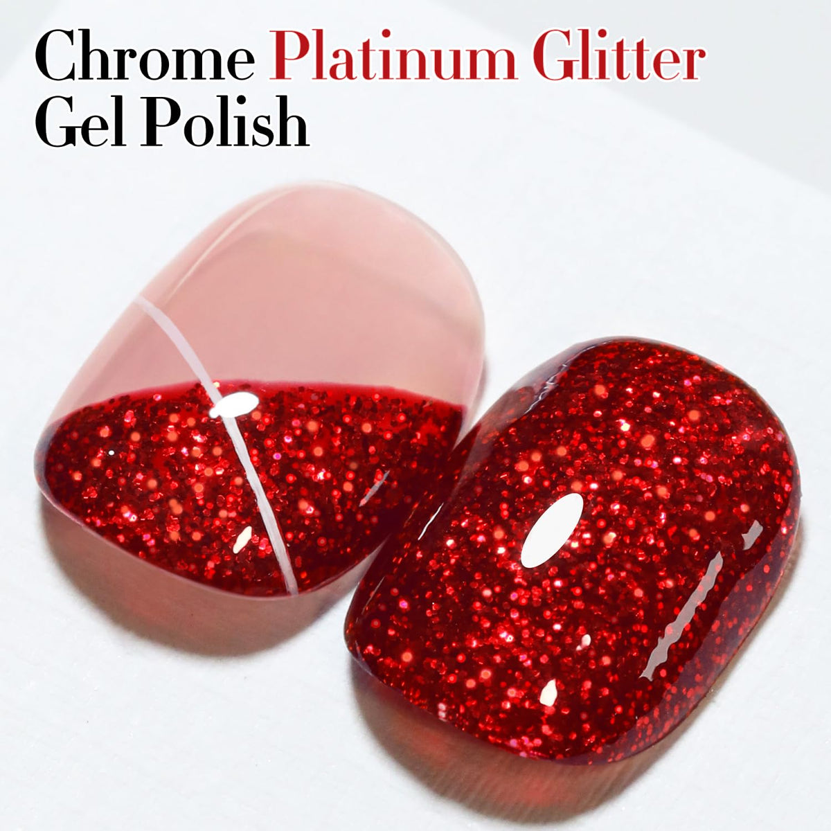 Bouteille de vernis gel pailleté rouge cerise avec étiquette