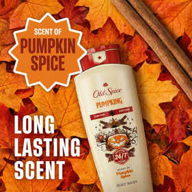 Bouteille du Gel Douche Old Spice Fallidudes sur un fond automnal
