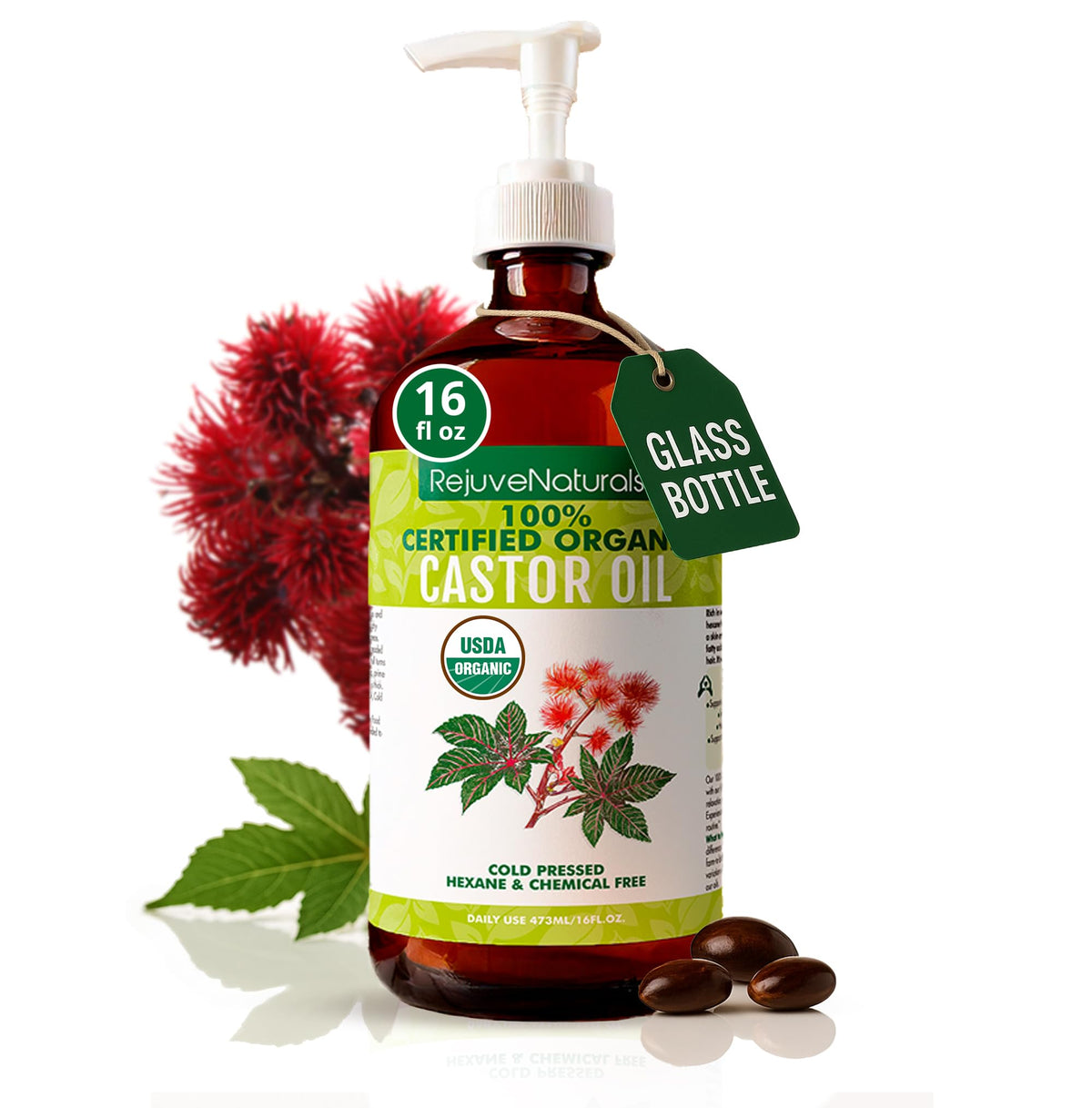 Bouteille en verre d'huile de ricin RejuveNaturals 16oz vue de face
