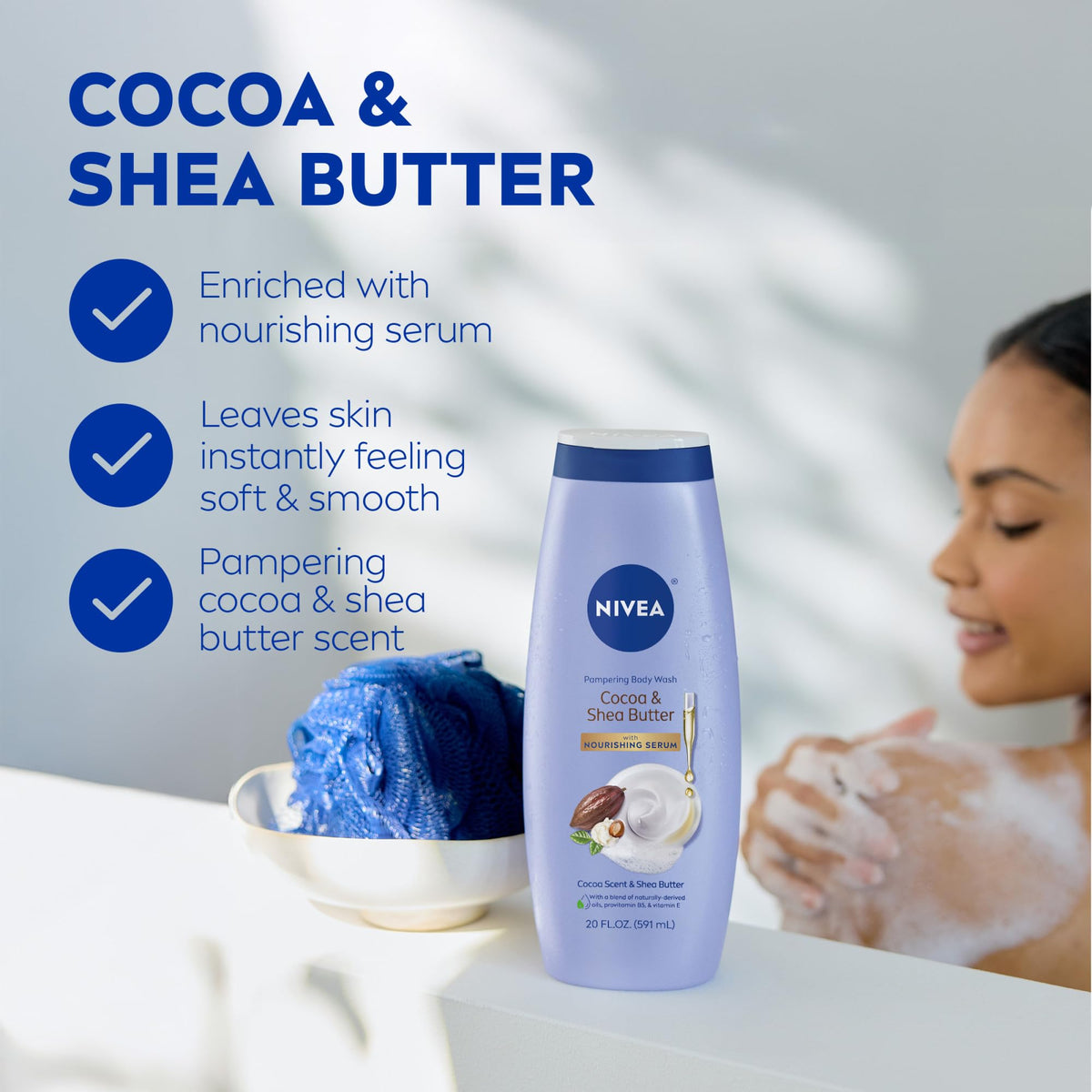 Bouteille NIVEA au beurre de cacao et de karité sur un fond de salle de bain