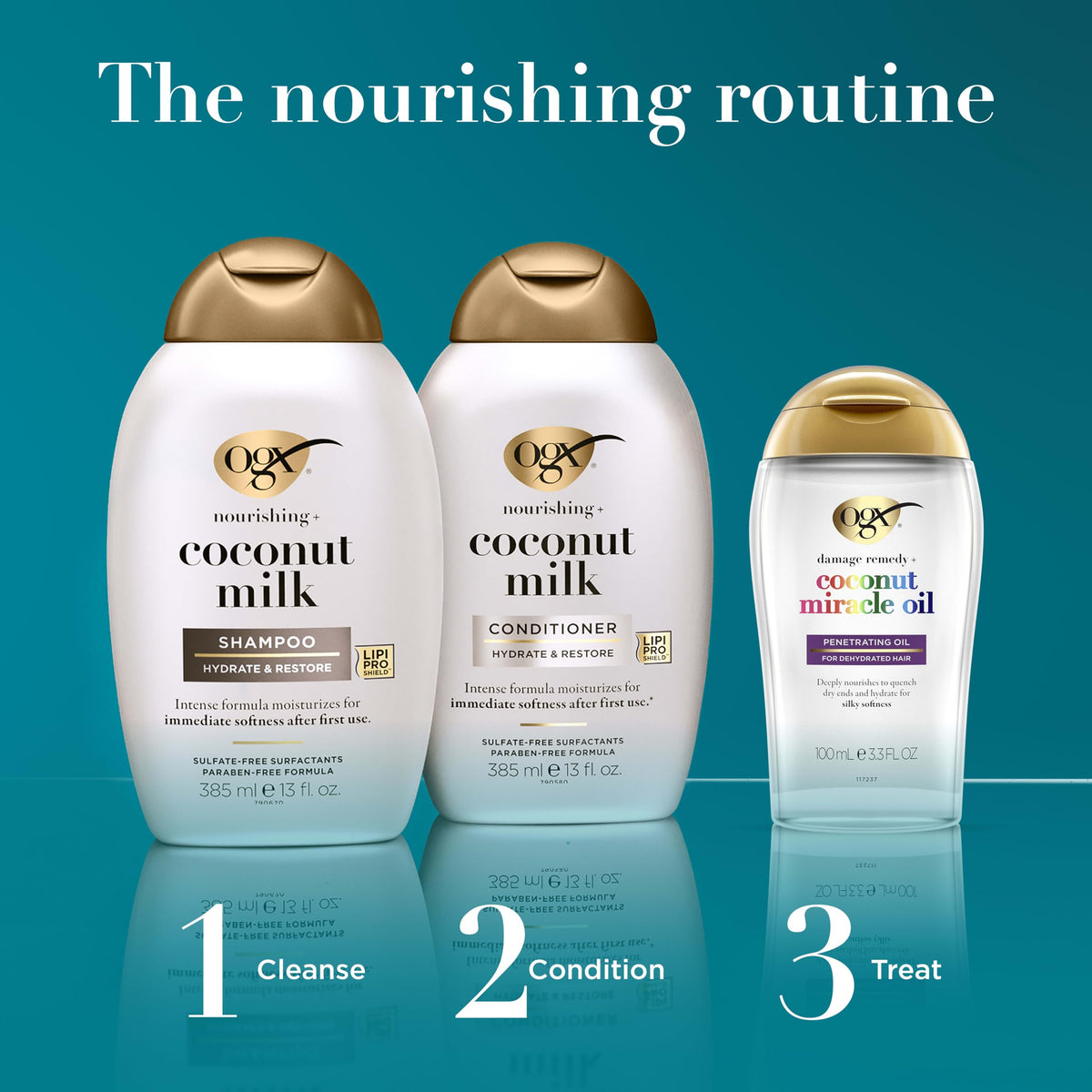 Bouteilles OGX de shampooing et après-shampooing sur une table