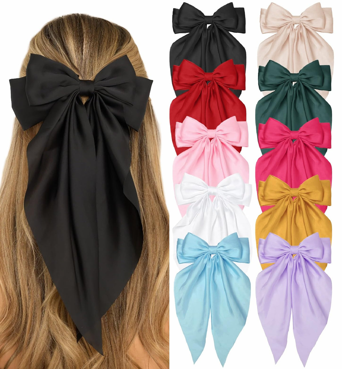Bows pour cheveux TERSE en satin, ensemble de 10 couleurs