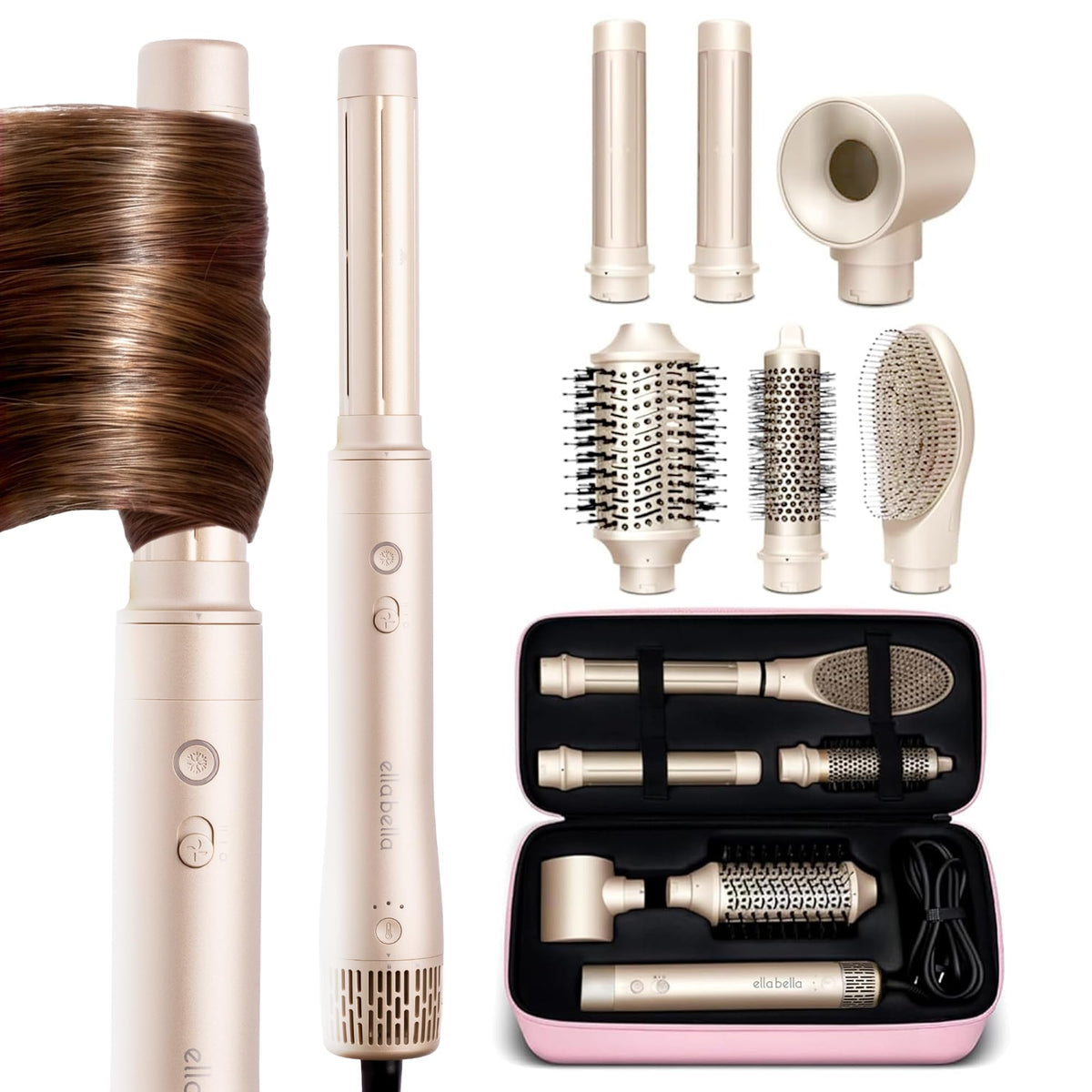Brosse à air chaud ELLABELLA 6 en 1 vue avant avec accessoires