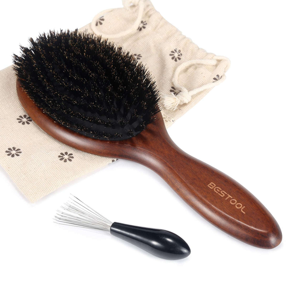 Brosse à cheveux BESTOOL en poils de sanglier avec coussin de massage en caoutchouc