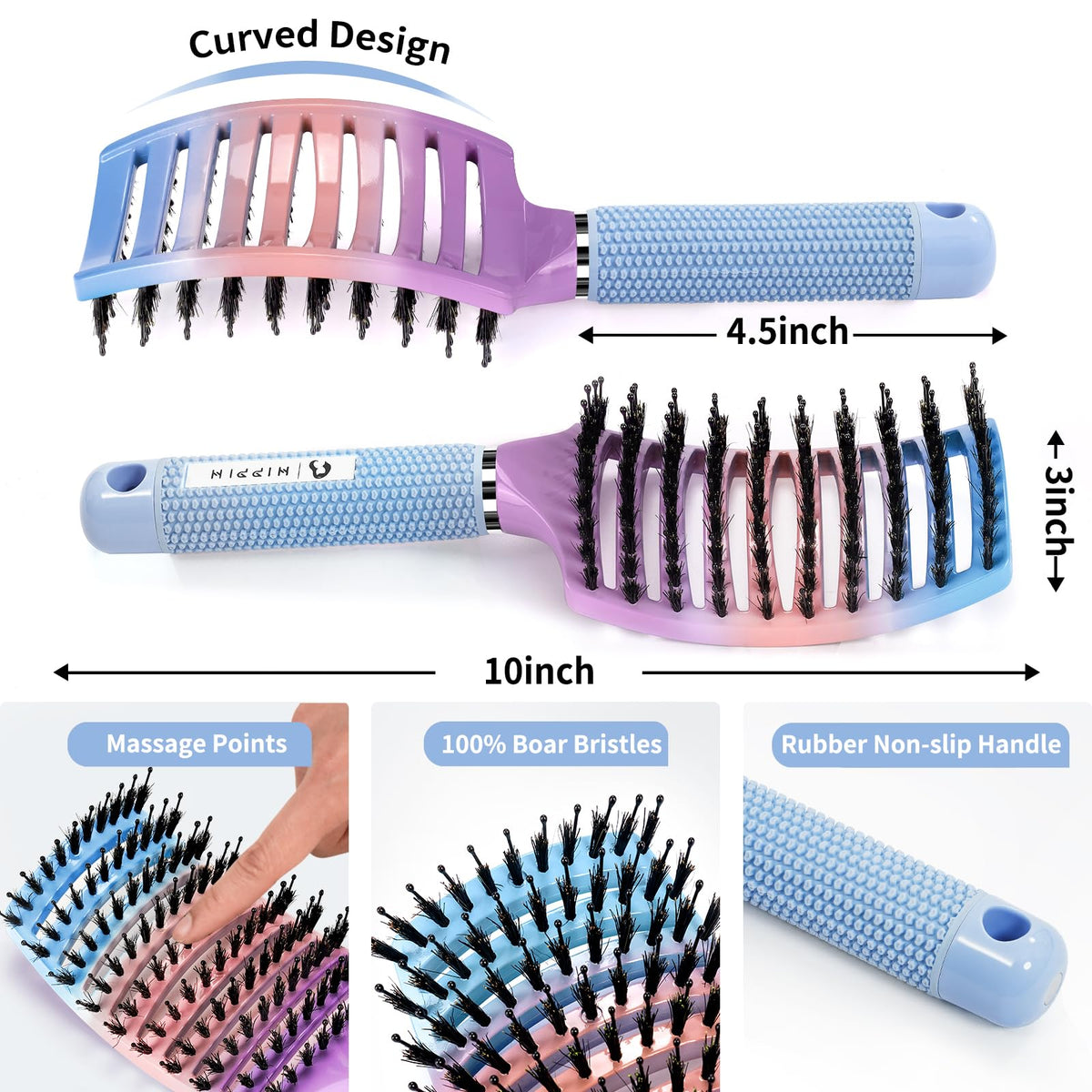Brosse à cheveux HIPPIH avec poils de sanglier et picots en nylon, vue latérale