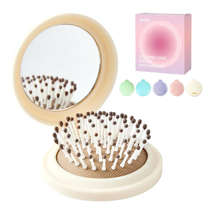 Brosse à cheveux pliable RHOS beige avec miroir ouvert