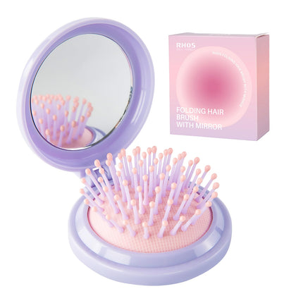 Brosse à cheveux pliable RHOS violet avec miroir ouvert