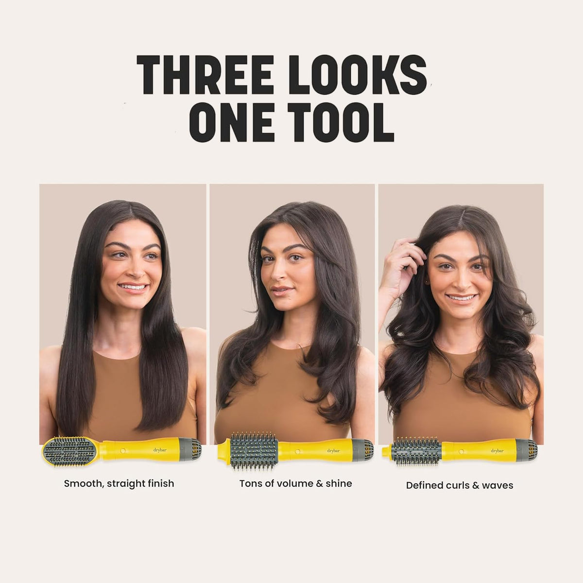 Brosse à séchage Drybar Triple Shot en utilisation avec des cheveux brillants