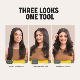 Brosse à séchage Drybar Triple Shot en utilisation avec des cheveux brillants
