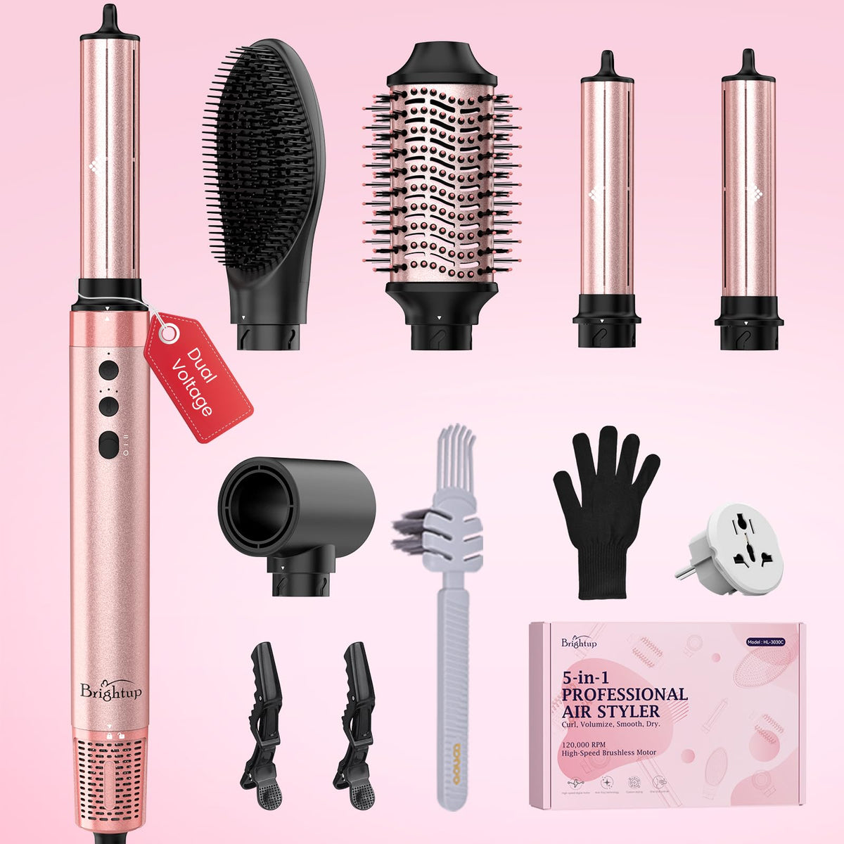 Brosse chauffante Brightup 5 en 1 avec accessoires en rose doré