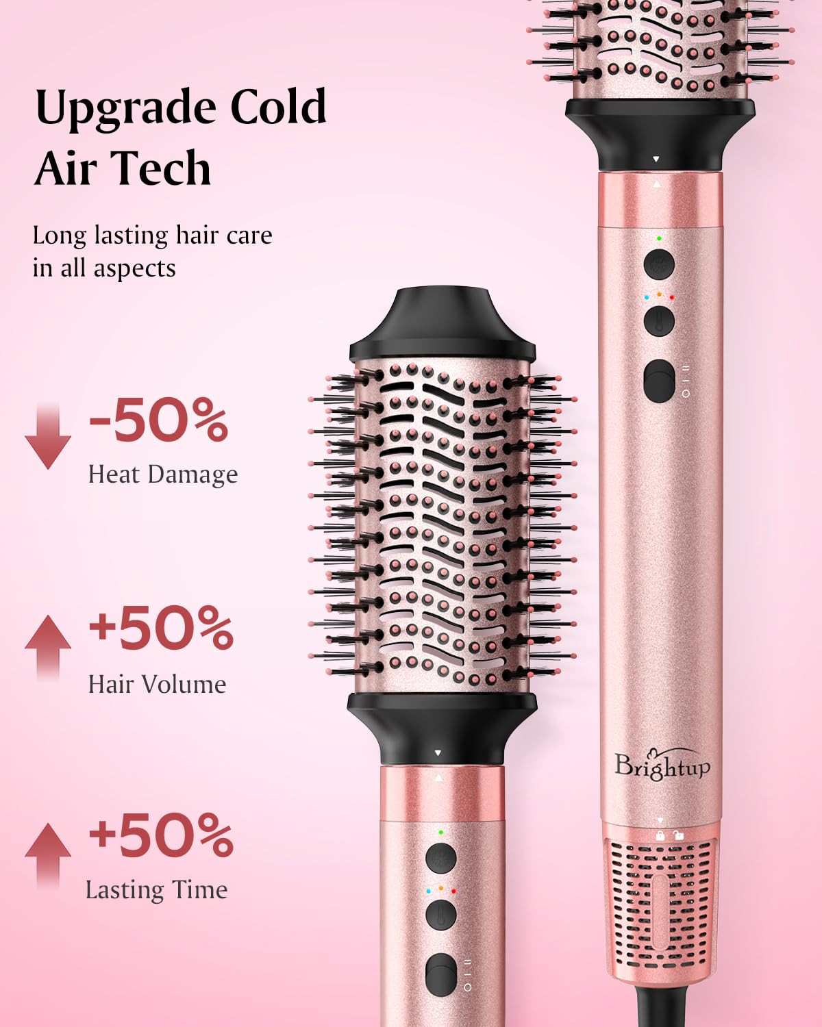 Brosse chauffante Brightup avec finition rose doré sur fond neutre