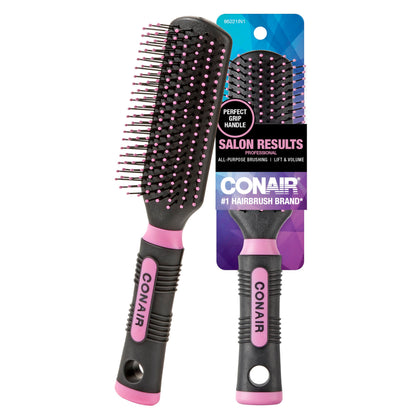 Brosse Conair rose et noire vue de face avec poils à embouts ronds