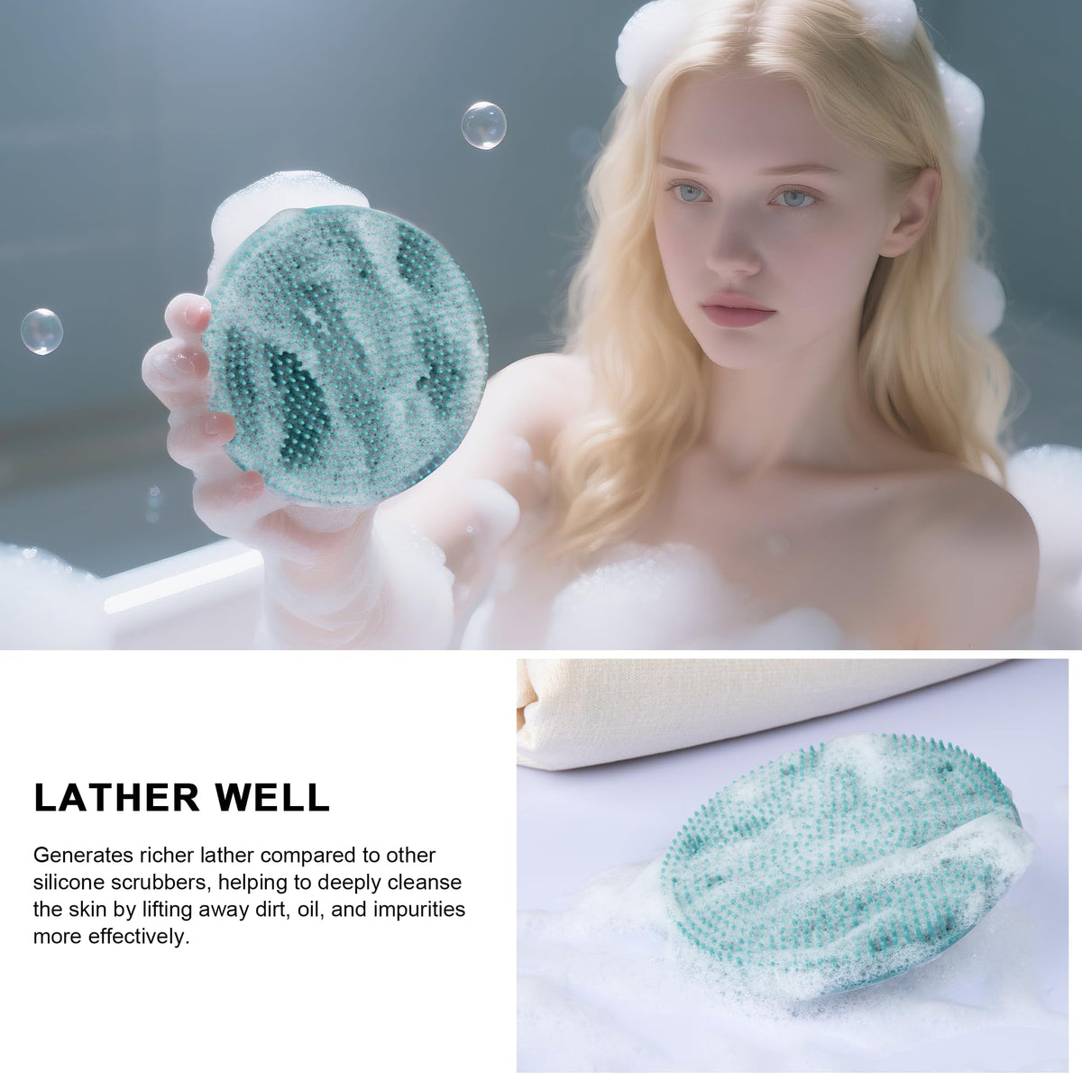 Brosse de visage en silicone INNERNEED verte foncée, détail des brins