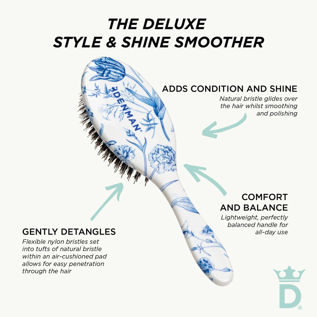 Brosse Denman avec des cheveux en arrière, montrant l'effet lisse