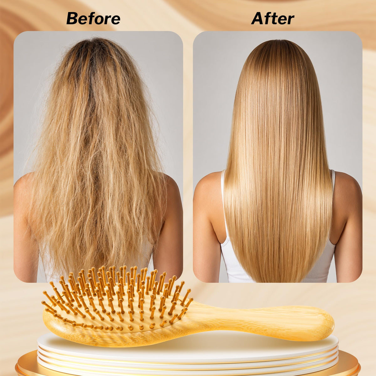 Brosse en bambou GAINWELL en utilisation sur cheveux longs